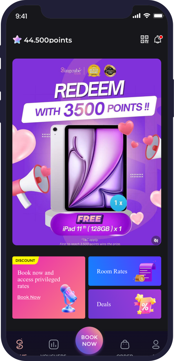 Singcube rewards and mobile ordering screen